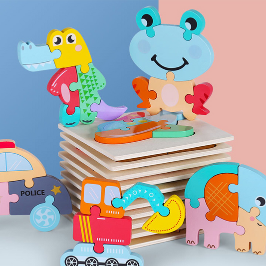 JungleJigs™ – Wooden Puzzle Duo – Animal & Vehicle Playset